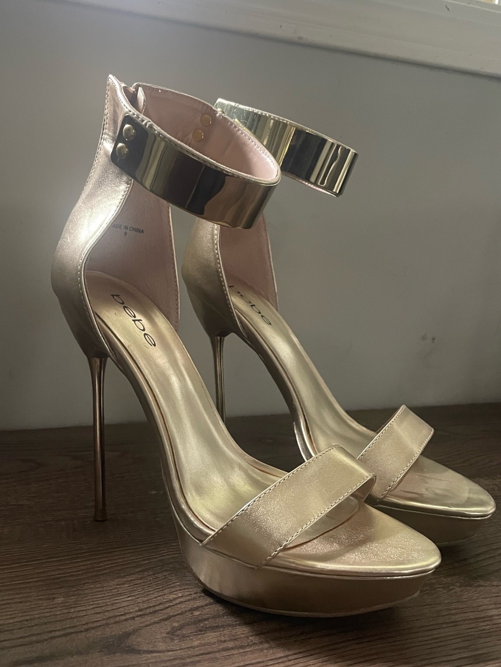 bebe Metallic Gold Stiletto Ankle-Cuff Platform Sandals - Size 9